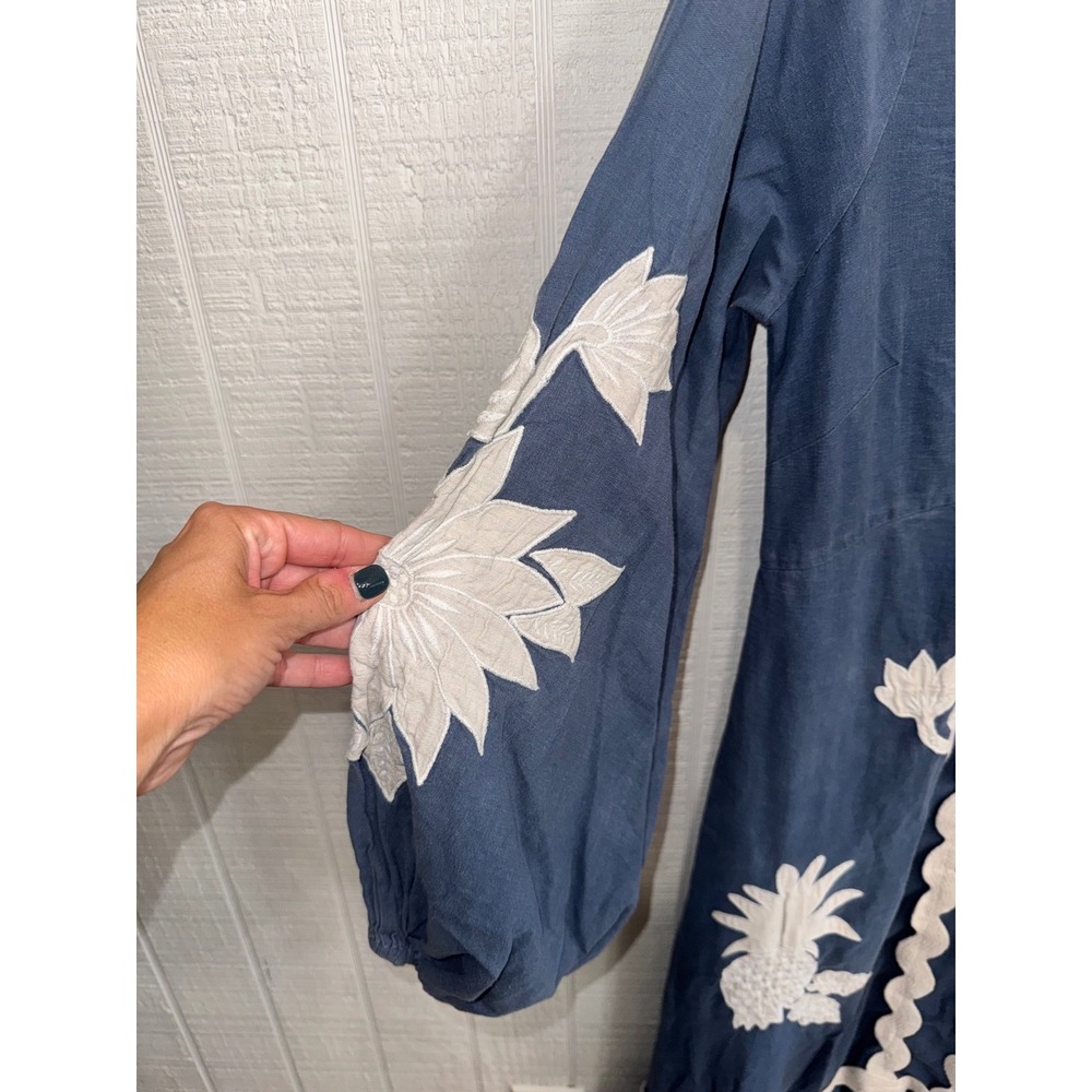 Farm Rio Maxi Dress Women Blue Embroidered Ric Rac Pineapple Size M - Picture 4 of 9